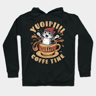 A hilarious and vibrant vintage-inspired illustration of an adorable cat wearing a red beanie, sitting inside a coffee cup that's spilling coffee. (3) Hoodie